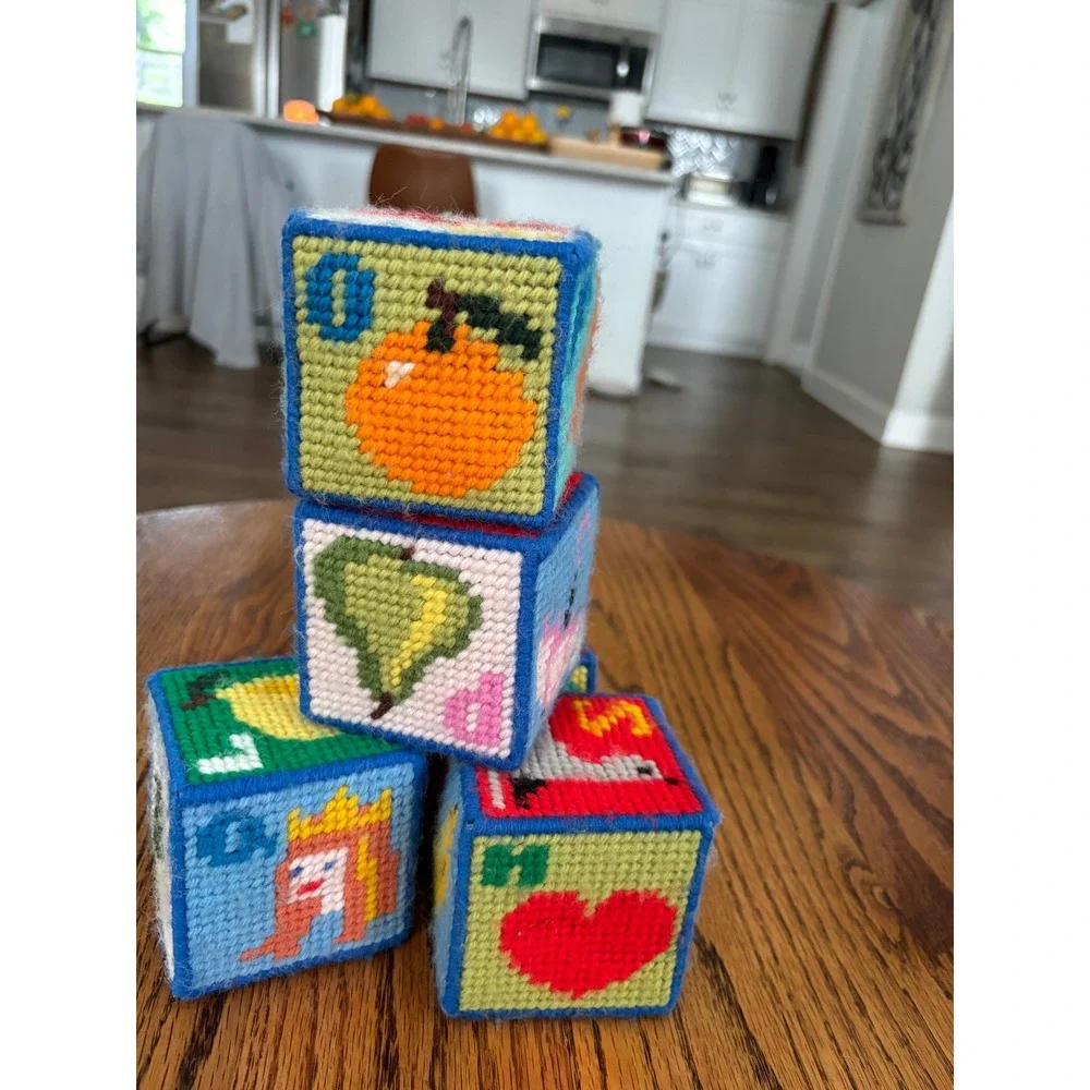 Handmade  Alphabet Blocks Jingle Bell Soft Toy Vintage Style 5pc Set